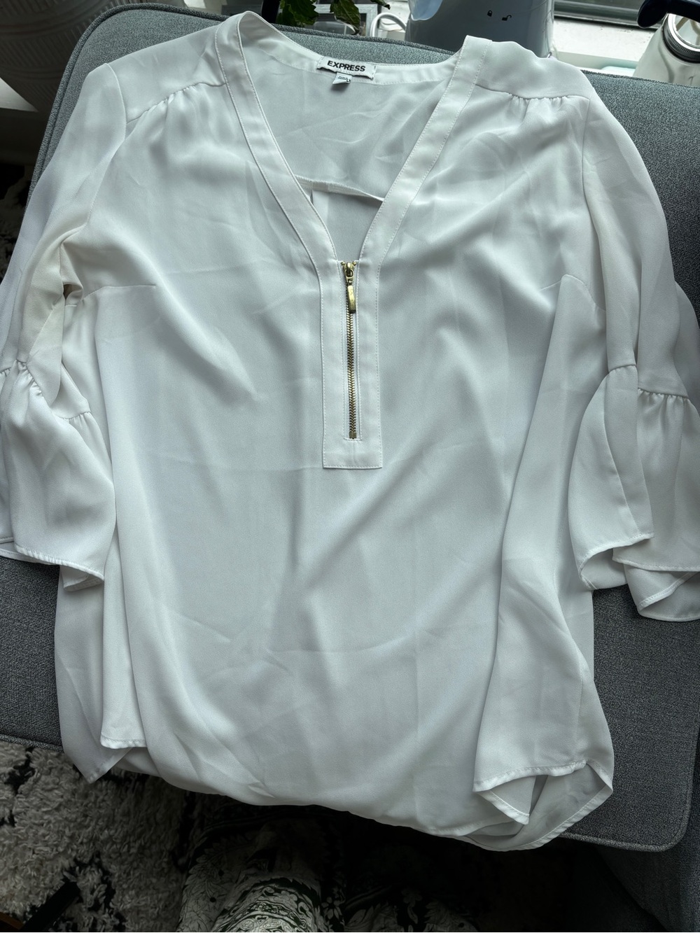 Express White V-Neck Zip-Front Women's Blouse